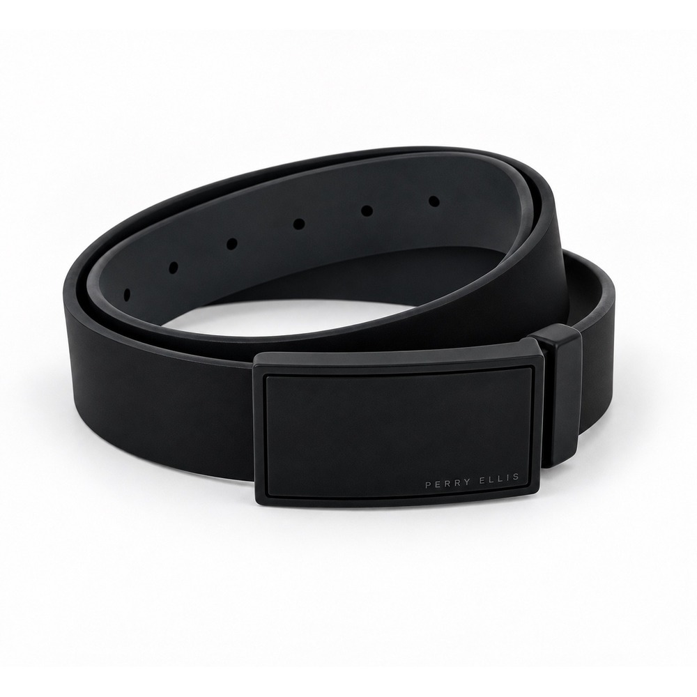 Perry Ellis Smooth Leather Mens Belt 36 Black Plaque Buckle Minimalist Sleek